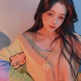 Korean Sweet Chic Women Knit Suits Vintage V Neck Flower Button Crop Cardigans and Tank Top 2 Pcs