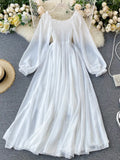 VAREY LIN New Spring Autumn Women Elegant Holiday Dresses Puff Sleeve Slash Neck Off Shoulder Smocked White Chiffon