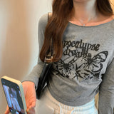 Print Pleated Long-Sleeved T-Shirt Women's New Autumn Design Short-Style Bottomed Shirt With Underwear-Outfit