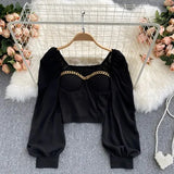 Autumn Women Black/White Blouse Sexy Square Collar Lantern Long Sleeve Short Tops Female Elegant Party Shirt Blusas 2022