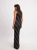 Women's Fashion Elegant Crochet Sling Dress V-Neck Striped Sexy Wisted