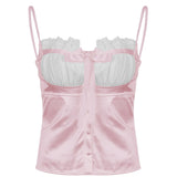 Y2K Satin Crop Top Elegant Vintage Cute Crop Top Bow Button Sweet Mini Vest Women Chic Party Sweats Summer Holiday