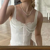 Black Coquette Aesthetic Skinny Corset Pearl Beading Leather Tank Tops Cute Lace Bow Camisole Women Y2K French Style-Outfit