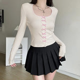 Desire Young Girl Feeling Bow Tie U-Shaped Slim Long-Sleeved T-Shirt 2024 Spring / Summer New Fashion Blouse-Outfit
