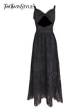 Sexy Cut Out Sling Dress For Women V Neck Sleeveless High Waist Lace Panel Solid Midi Dresses Female Summer
