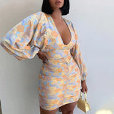 ArtsuWomen Sexy Deep V Neck Floral Print Dresses Long Lantern Sleeve Ruched Dress Elegant Female Bodycon Party Dress