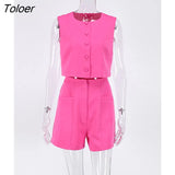 Summer Office 2 Pieces Pink Shorts Sets Elegant O-Neck Button Vest Casual Holiday Outfit High Waist Shorts Women Suits