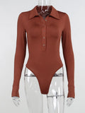 Basic Button Orange Bodysuits Female Autumn Long Sleeve Turn Down Collar Slim Casual Fitness Overalls For Women