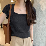 Version Of Knitted Short-Sleeved T-Shirt Women's New Summer Slim Thin Solid Color Full-Length Short-Style Blouse Ins-Outfit