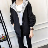 Spring Autumn Women Basic Jacket Pocket Zipper Hooded Two Side Wear Cartoon Print Outwear Loose Coat Windbreaker Female