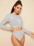 Toloer Sleeve Smock Mesh Bikini Swimsuit Split High Waist Triangle Three Piece Swimsuit