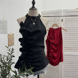 Spicy Design Sleeveless Leaves Three-Dimensional Flower Blouse Atmosphere Slimming Waist