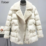 Down Cotton Jacket for Women Winter Trendy Mid-length Lamb Wool Patchwork Coat Korean Style Fashion Loose Parkas