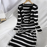 Korean Sweet Hit Color Patchwork Striped Spaghetti Strap Dress and V Neck Long Sleeve Cardigans 2 Pieces