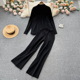 Women Casual Knitted Sets Half High Collar Sweater Top+Elastic Wide Leg Long Pants Winter Sweater Two Piece