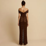 Women's Autumn New Word-On-A-Shoulder Perspective Sexy Lace Open-Fork Body-Body-To-Ssing Dress