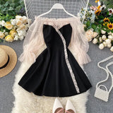 VAREY LIN New Spring Autumn Women Elegant Slash Neck Off Shoulder Tulle Patchwork Puff Sleeve High Waist Party