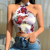 Women Y2K 2000s Halter Tank Backless Dragon Print Chinese Knot Irregular Cheongsam Style Sexy Summer Bustier Crop Top-Outfit