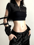 Out Techwear Fashion Cargo Cardigans Cyber Gothic Zip Up Sexy Crop Jackets Y2k Punk Turtleneck Streetwear Tops-Outfit