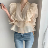 Hong Kong Flavor Lotus Leaf Side V-Neck Shirt 2025 Design Feeling Waist Thin Chiffin Shirt