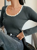 Gray Long Sleeve Knit Top with Contrast Color