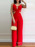 Piece Sets Women Sexy Sleeveless V Neck Hollow Out Splice Jumpsuits Sling Overalls Solid Wide Leg Long Pants Rompers 2023-Outfit