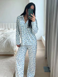 Women's Y2K 2Pcs Heart/Floral Print Pajamas Set Long Sleeve Lapel Button Up Shirt Tops+Sleepwear Pants Pjs Loungewear-Outfit