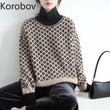 Korean Elegant Vintage Sueter Mujer 2020 New Arrival Women Sweaters Turtleneck Plaid Patchwork Female