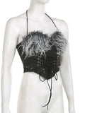 Women's Denim Short Tank Tops Slim Halter Lace-up Backless Spliced Plush Black Irregular Camis 2024 Spring New Fashion-Outfit