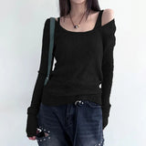 Color Simple Pit Strip Slimming Retro Fashion Single Bare Shoulder Long Sleeved Two-Piece Blouse 2024 Spring / Summer New T-Shirt-Outfit