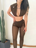 Mesh Two Piece Set Women Unique Design Oversize Sheath Cleavage Sleeveless Top+Seethrough Stretchy Hot Female