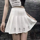 Waist Mini Black Skirts Gothic Streetwear Cross Print Pleated Women Skirts Casual College Lolita Harajuku Skirt-Outfit