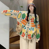 Women Sweaters Cardigan Print Floral Coats Full Sleeve Knitted Loose Jumpers Coat Top Regular Splice Single Breasted Outerwear-Outfit