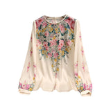 Shirt Women's Short Style 2023 Spring European New Oil Painting Aesthetic Printing Lantern Cage Sleeves Temperament Age-Reducing Chiffon Shirt-Outfit