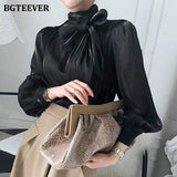 Elegant Chic Turtleneck Lace-up Solid Blouses Tops for Women Full Sleeve Loose Female Pullovers Shirts 2021