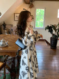 Autumn Elegant Floral Midi Dress Women Even Party Dress Korean Fashion Office Lady Long Sleeve Casual Slim Vintage