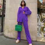 Women Two Piece Pleated Pants Suits Casual Chic Solid Color Long Sleeve Shirts Straight Leg Trousers Set Matching Sets New-Outfit