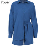 2022 Summer Casual Two Piece Set Blue Blouse Outfit Suits Women Green Shirt Top Cotton Wide Leg Shorts 2 Piece Sets