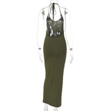 Bodycon Long Dresses for Women 2024 Sleeveless Halter Solid Color Backless Tie-Up Low-Cut Evening Party Dress Club Wear-Outfit