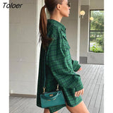 Green Shacket Oversize Shirts Women Dropped Shoulder Street Style Plaid Blouses Double Pockets Casual Loose Top