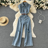 Ripped Loose Denim Jumpsuit Pocket Sleeveless Single Breasted Women Streewear Vinage Sashes Slim Long Straight