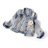 Autumn Women's Denim Jacket New Diamond Flower Long Sleeve Jeans Jackets Girl Short Outwear Vintage Cowboy Tops