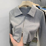 Design Sense Niche Double Zipper Polo Collar Jacket Women's Early Autumn New Threaded Short Top Knitted Cardigan-Outfit