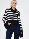 Fashion Beige Stripe High Collar Slit Long Sleeve Knit