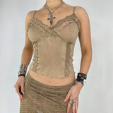 Trendy Lace Lace Spliced Suede Halter Top 2024 New Hot Girl Sexy V-Collar Slim Vest-Outfit
