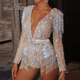 Glitter Sequin Slim Rompers And Jumpsuits Women Long Sleeve V Neck Bodycon Tassel Sexy Club Party