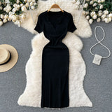 Elastic Split Women Knitted Dress Solid Summer 2022 Slim Lapel Casual Elegant Gentle Ladies A Line Long