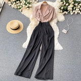 Office Lady Notched Collar Patchwork Romper Women Elegant Short Sleeve High Waist Wide Leg Playsuits Female Summer OL