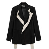 Women Black Contrast Color Burr Blazer New Lapel Long Sleeve Loose Fit Jacket Fashion Tide Spring Autumn 2023