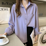 Womens Tops And Blouses Solid Color Pocket Chiffon Casual Office Ladies Blusas White Black Shirt Female Blouse